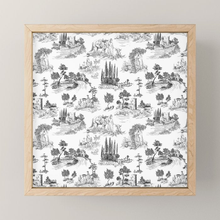 Toile de Jouy Vintage French Romantic Pastoral Black & White Mini Art Print Gallery Image 1