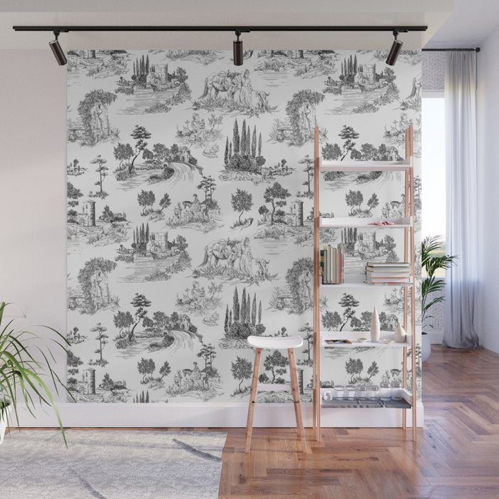 Toile de Jouy Vintage French Romantic Pastoral Black & White Wall Mural Gallery Image 1