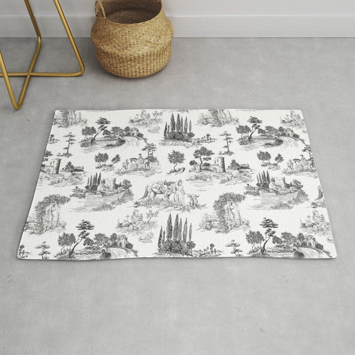 Toile de Jouy Vintage French Romantic Pastoral Black & White Rug Gallery Image 1