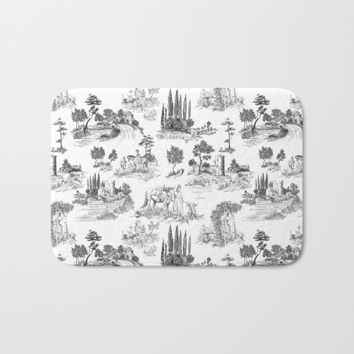 Toile de Jouy Vintage French Romantic Pastoral Black & White Bath Mat Gallery Image 1