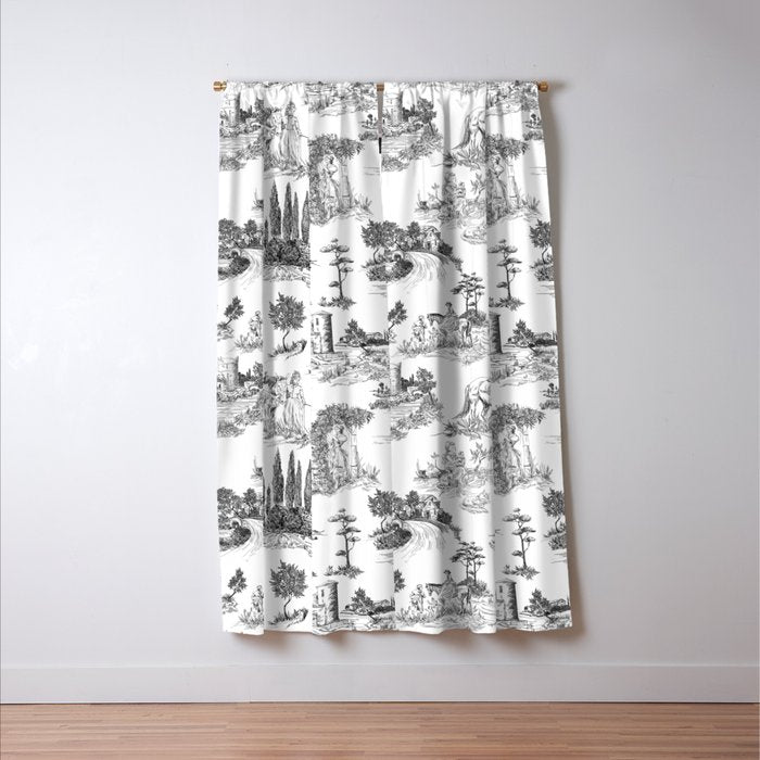Toile de Jouy Vintage French Romantic Pastoral Black & White Window Curtain Gallery Image 3