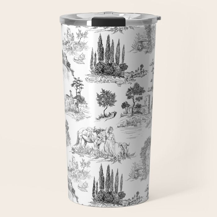 Toile de Jouy Vintage French Romantic Pastoral Black & White Travel Mug Gallery Image 1