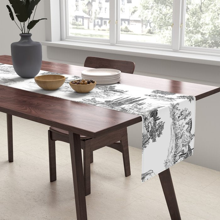 Toile de Jouy Vintage French Romantic Pastoral Black & White Table Runner Gallery Image 2