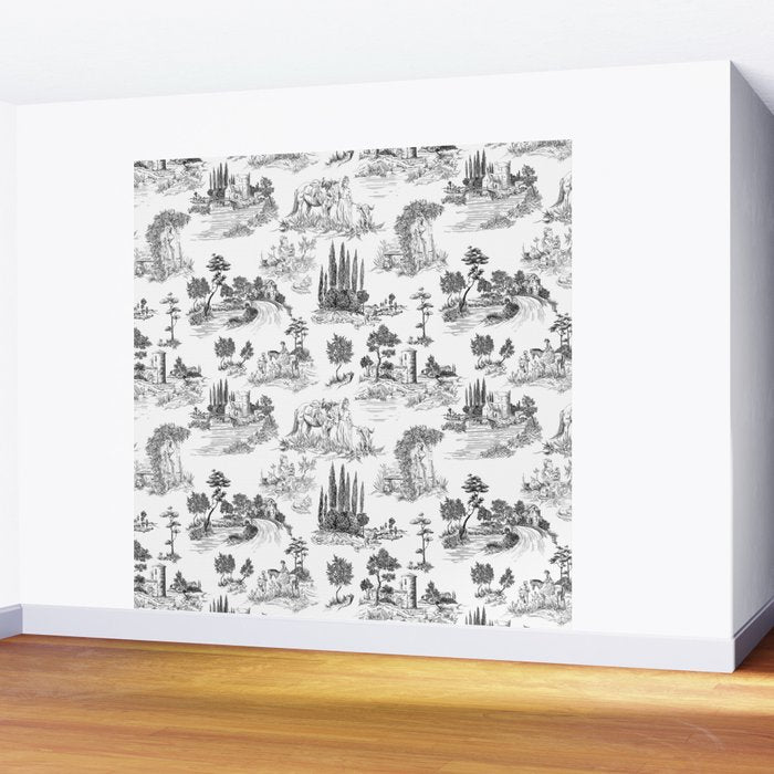 Toile de Jouy Vintage French Romantic Pastoral Black & White Wall Mural Gallery Image 2