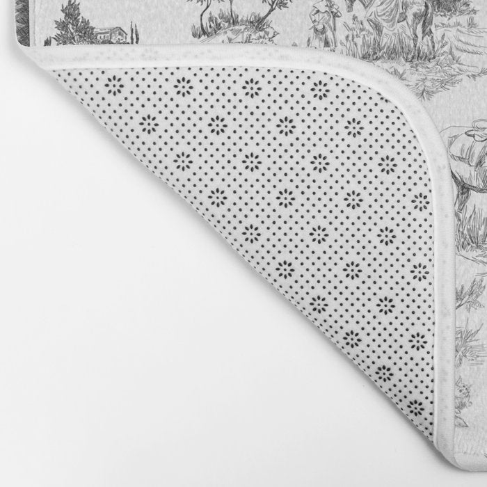 Toile de Jouy Vintage French Romantic Pastoral Black & White Bath Mat Gallery Image 2