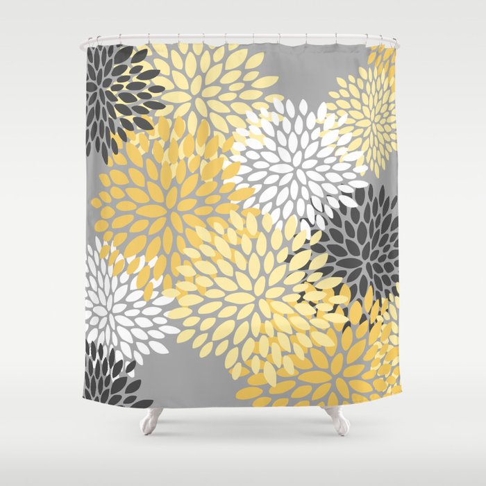 Floral Blooms, Gray, Charcoal, Yellow Shower Curtain Gallery Image 1