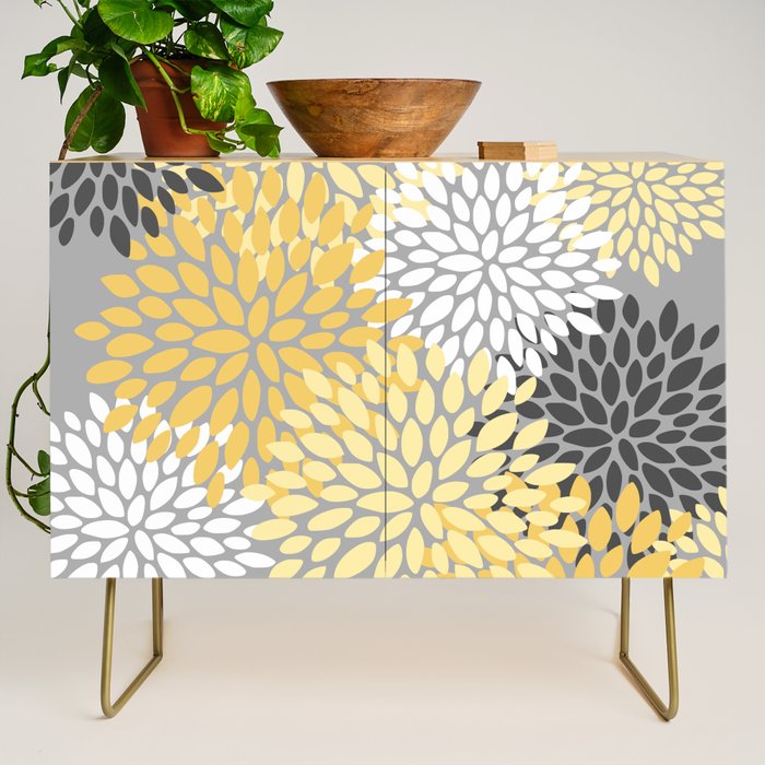 Floral Blooms, Gray, Charcoal, Yellow Credenza Gallery Image 1