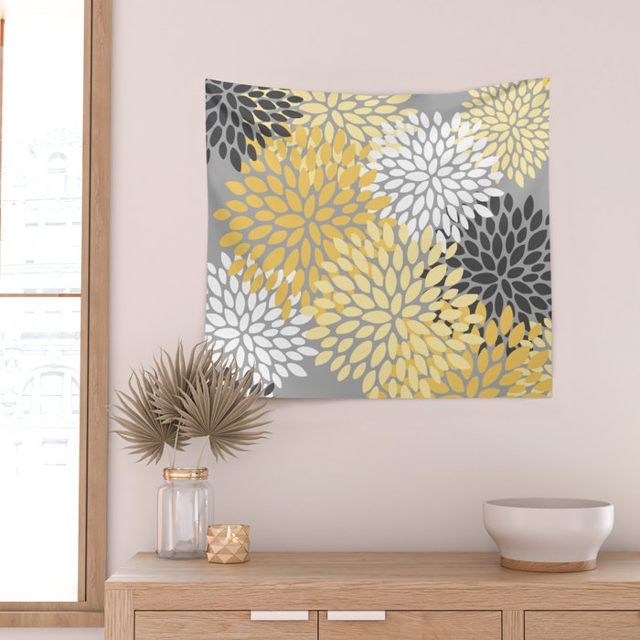 Floral Blooms, Gray, Charcoal, Yellow Wall Tapestry Gallery Image 2