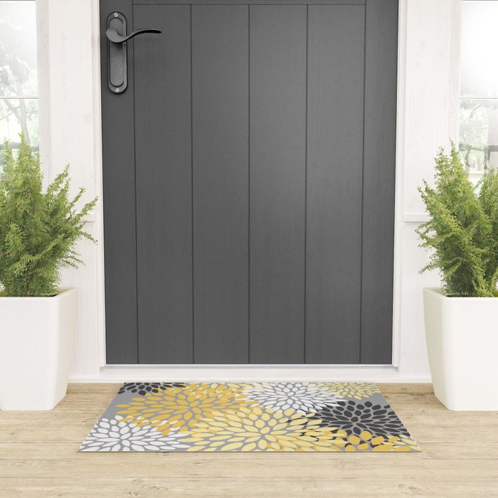 Floral Blooms, Gray, Charcoal, Yellow Welcome Mat Gallery Image 3