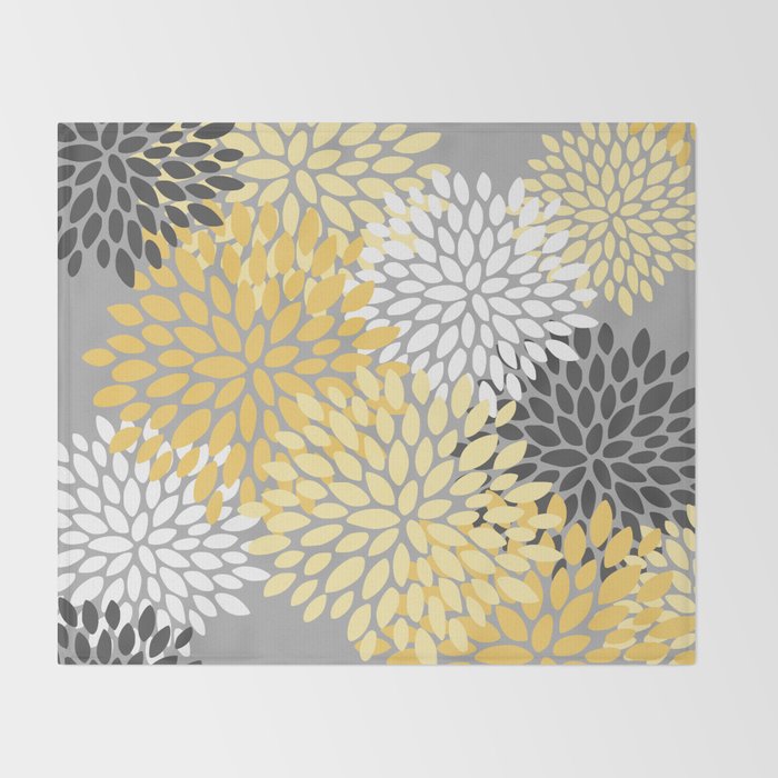 Floral Blooms, Gray, Charcoal, Yellow Throw Blanket Gallery Image 2