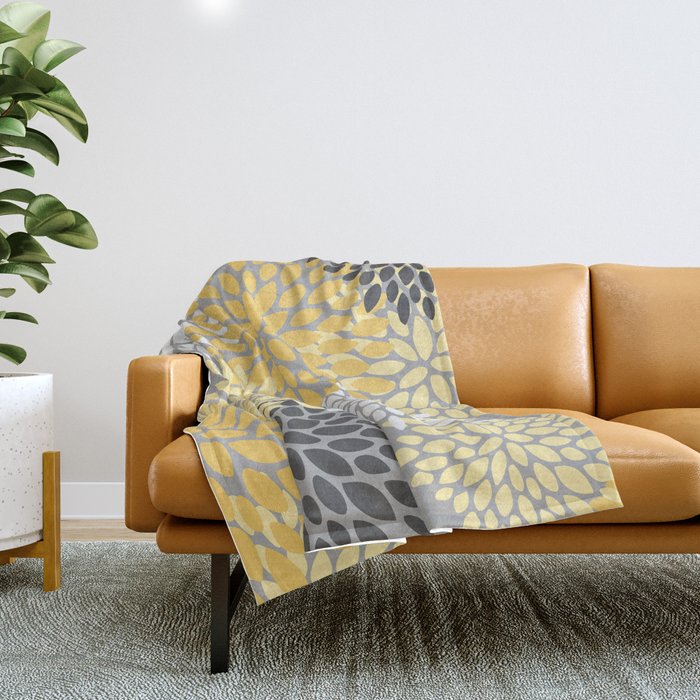 Floral Blooms, Gray, Charcoal, Yellow Throw Blanket Gallery Image 1