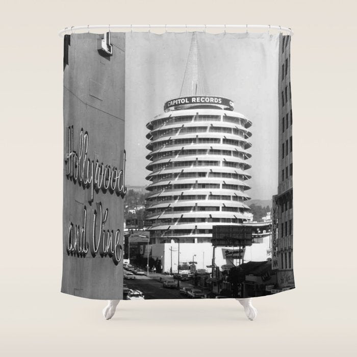 Capital Records Building, Los Angeles, California black and white photograph / black and white photography Shower Curtain Gallery Image 1