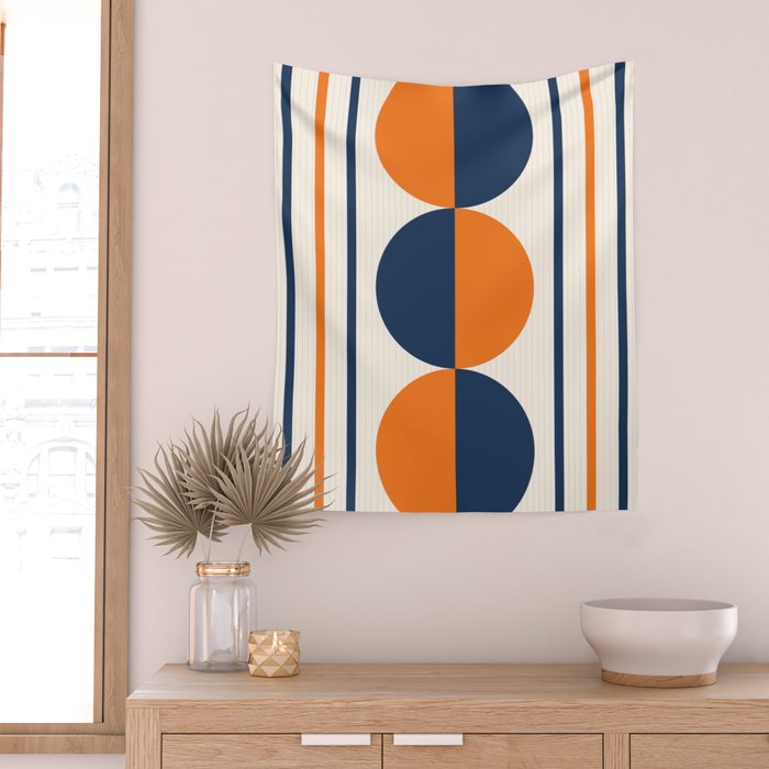 Abstract Shapes 78 in Orange and Navy Blue Wall Tapestry Gallery Image 2