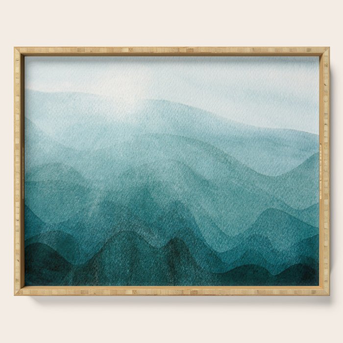 Sunrise in the mountains, dawn, teal, abstract watercolor Serving Tray Gallery Image 1