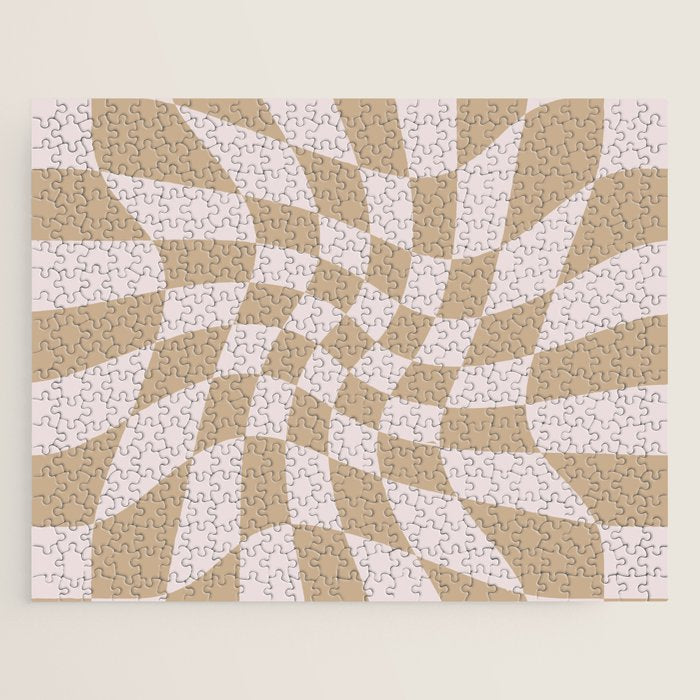 Wavy Check - Beige - Checkerboard Pattern Print Jigsaw Puzzle Gallery Image 1