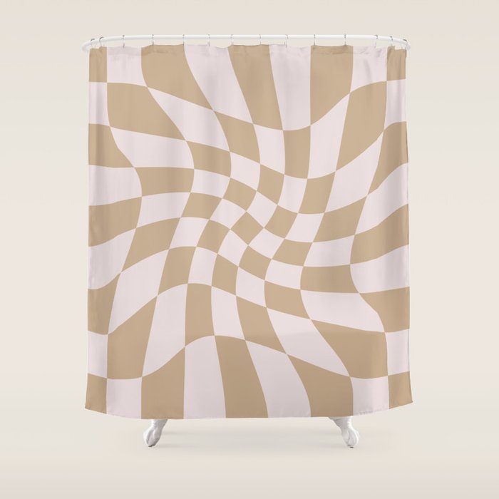 Wavy Check - Beige - Checkerboard Pattern Print Shower Curtain Gallery Image 1