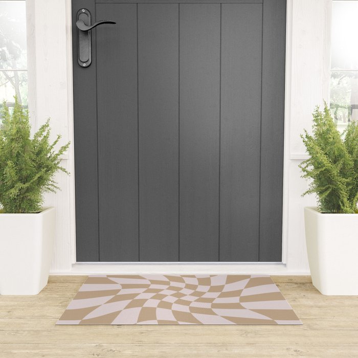 Wavy Check - Beige - Checkerboard Pattern Print Welcome Mat Gallery Image 3
