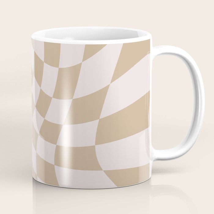 Wavy Check - Beige - Checkerboard Pattern Print Coffee Mug Gallery Image 1