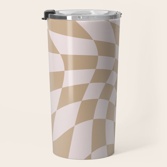 Wavy Check - Beige - Checkerboard Pattern Print Travel Mug Gallery Image 3