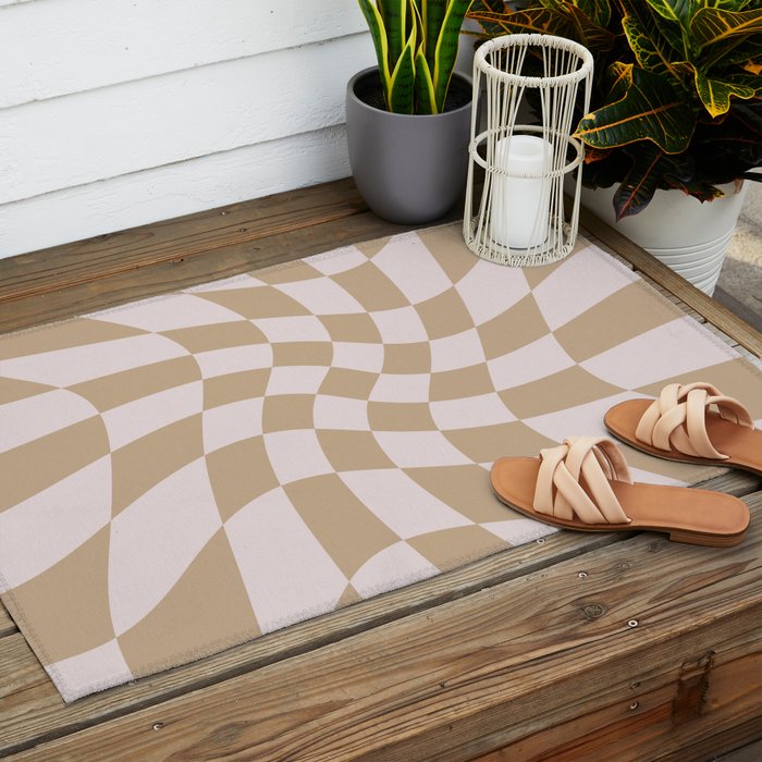 Wavy Check - Beige - Checkerboard Pattern Print Outdoor Rug Gallery Image 2
