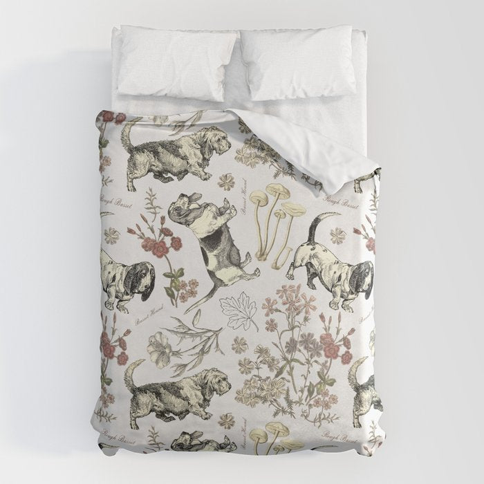 BASSET HOUNDS and MAGICAL MUSCHROOMS  Duvet Cover Gallery Image 1