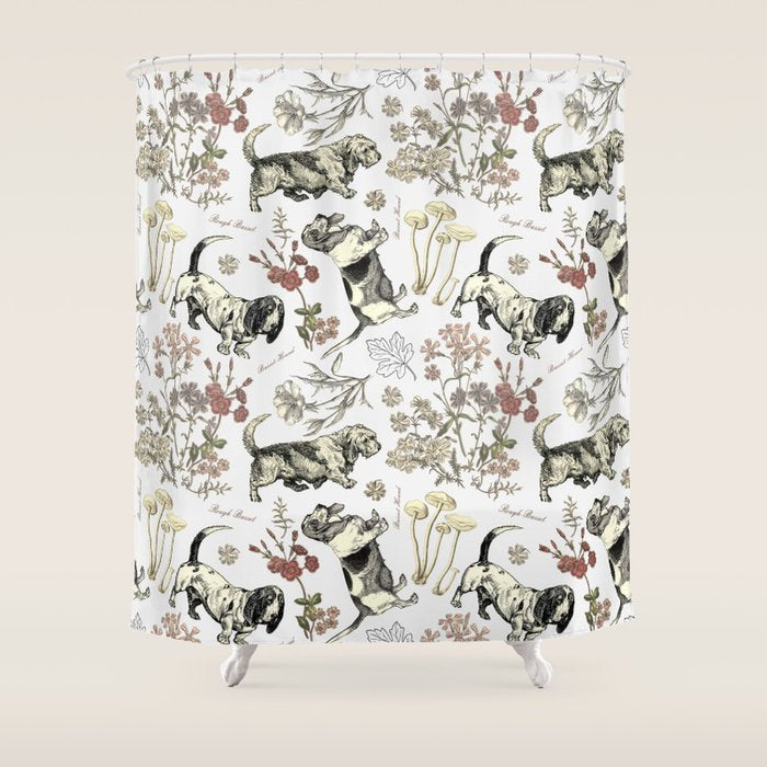 BASSET HOUNDS and MAGICAL MUSCHROOMS  Shower Curtain Gallery Image 1
