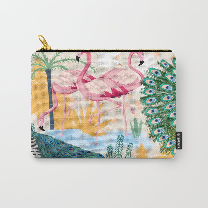 Utopia, Tropical Wildlife Animals, Flamingo Peacock Seagull Vintage Botanical Palm Carry All Pouch Gallery Image 1