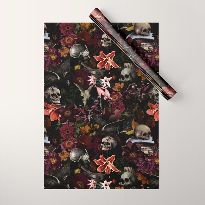 Gothic Night Skulls Flower Botanical Midnight Garden Wrapping Paper Gallery Image 1