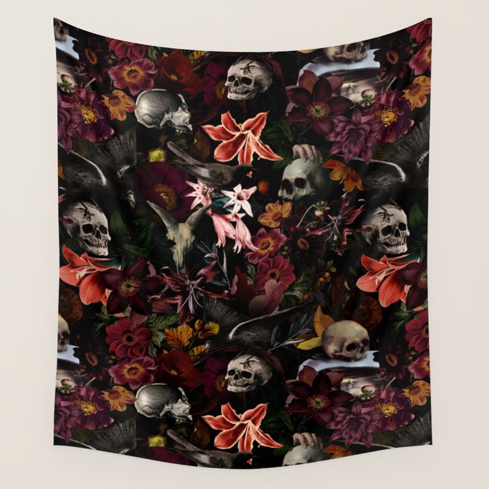 Gothic Night Skulls Flower Botanical Midnight Garden Wall Tapestry Gallery Image 1