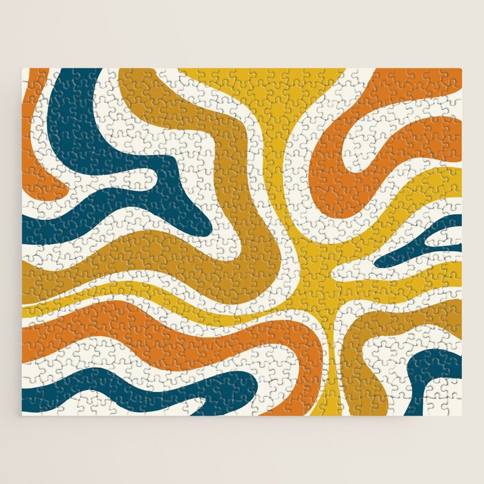 Modern Retro Liquid Swirl Abstract Pattern Orange Mustard Blue Jigsaw Puzzle Gallery Image 1