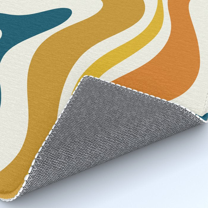 Modern Retro Liquid Swirl Abstract Pattern Orange Mustard Blue Rug Gallery Image 4
