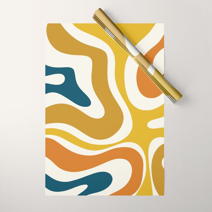 Modern Retro Liquid Swirl Abstract Pattern Orange Mustard Blue Wrapping Paper Gallery Image 1