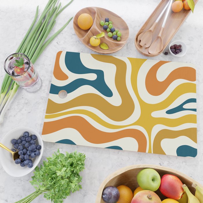 Modern Retro Liquid Swirl Abstract Pattern Orange Mustard Blue Cutting Board Gallery Image 2