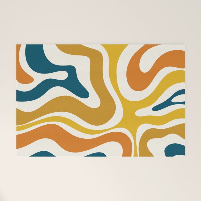 Modern Retro Liquid Swirl Abstract Pattern Orange Mustard Blue Welcome Mat Gallery Image 1