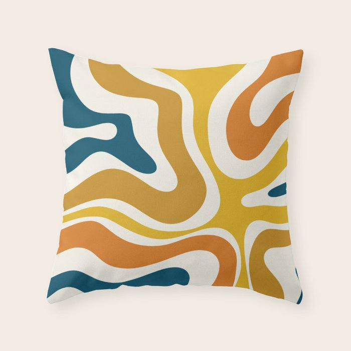 Modern Retro Liquid Swirl Abstract Pattern Orange Mustard Blue Throw Pillow Gallery Image 1