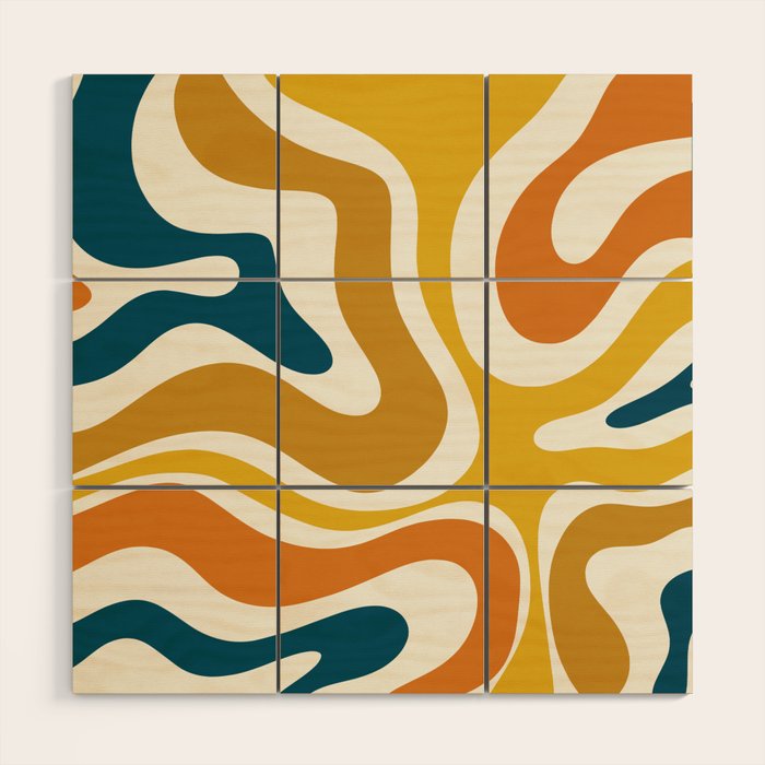 Modern Retro Liquid Swirl Abstract Pattern Orange Mustard Blue Wood Wall Art Gallery Image 1