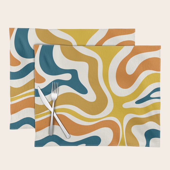 Modern Retro Liquid Swirl Abstract Pattern Orange Mustard Blue Placemat Gallery Image 1