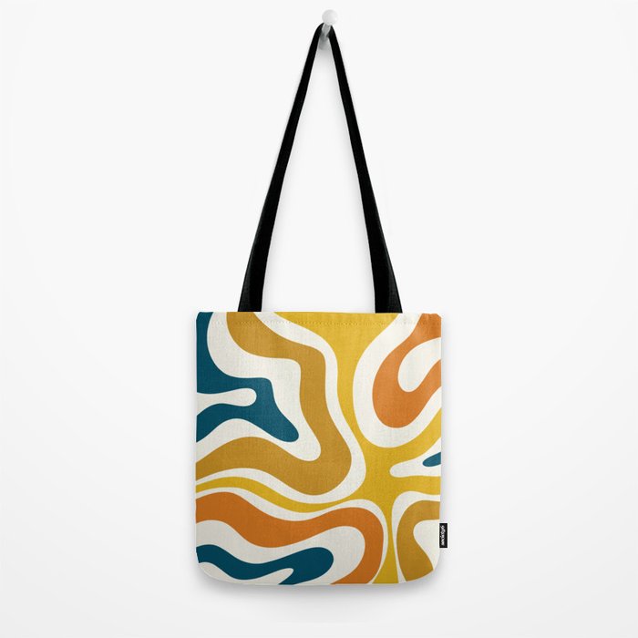 Modern Retro Liquid Swirl Abstract Pattern Orange Mustard Blue Tote Bag Gallery Image 2