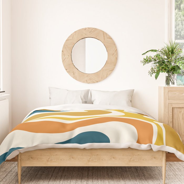 Modern Retro Liquid Swirl Abstract Pattern Orange Mustard Blue Duvet Cover Gallery Image 3