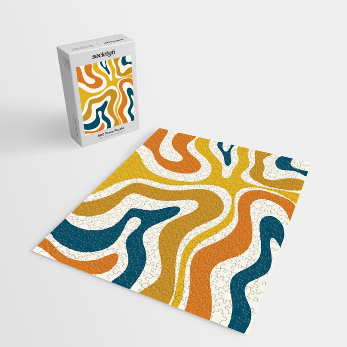 Modern Retro Liquid Swirl Abstract Pattern Orange Mustard Blue Jigsaw Puzzle Gallery Image 2