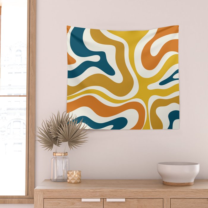Modern Retro Liquid Swirl Abstract Pattern Orange Mustard Blue Wall Tapestry Gallery Image 2