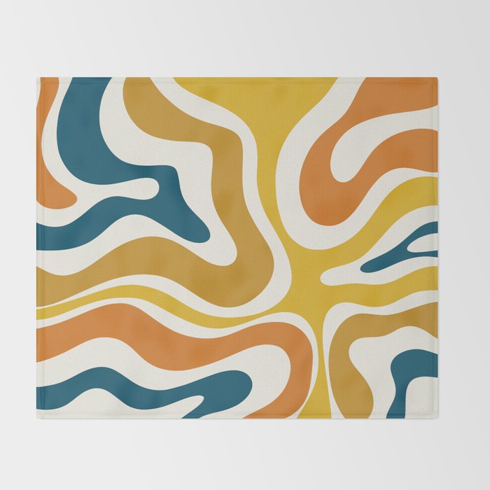 Modern Retro Liquid Swirl Abstract Pattern Orange Mustard Blue Throw Blanket Gallery Image 2