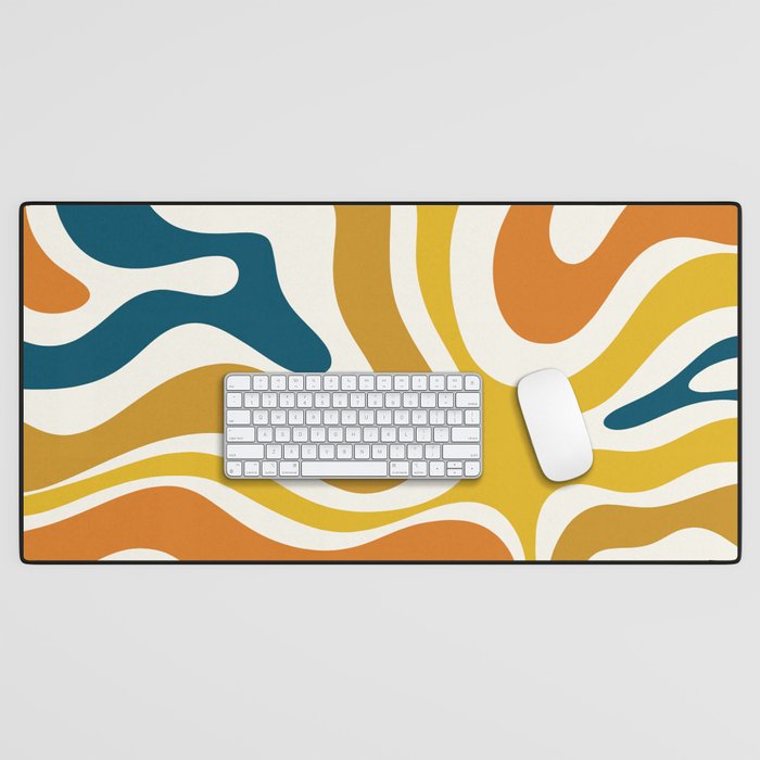 Modern Retro Liquid Swirl Abstract Pattern Orange Mustard Blue Desk Mat Gallery Image 1