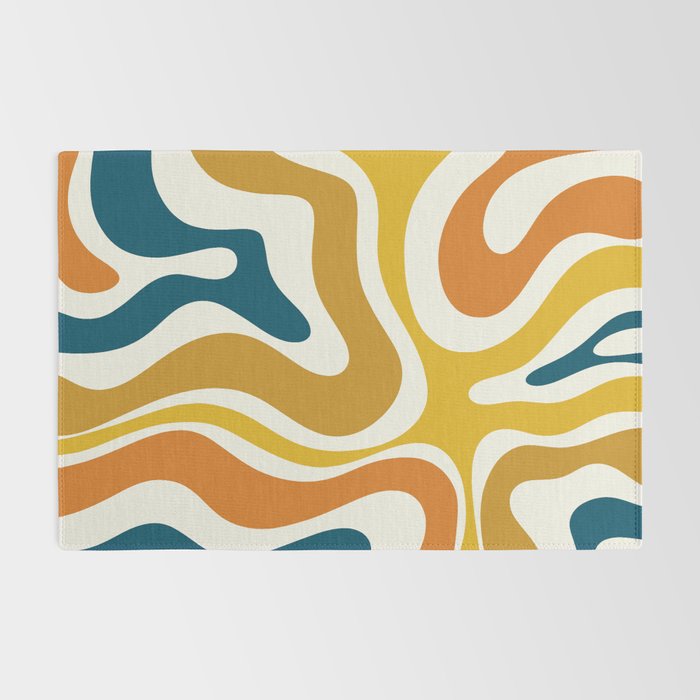 Modern Retro Liquid Swirl Abstract Pattern Orange Mustard Blue Rug Gallery Image 2