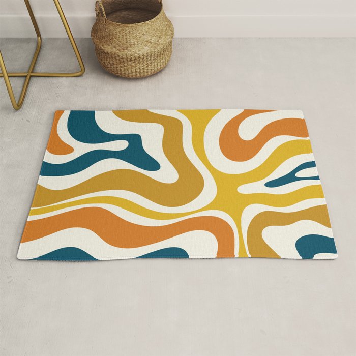 Modern Retro Liquid Swirl Abstract Pattern Orange Mustard Blue Rug Gallery Image 1