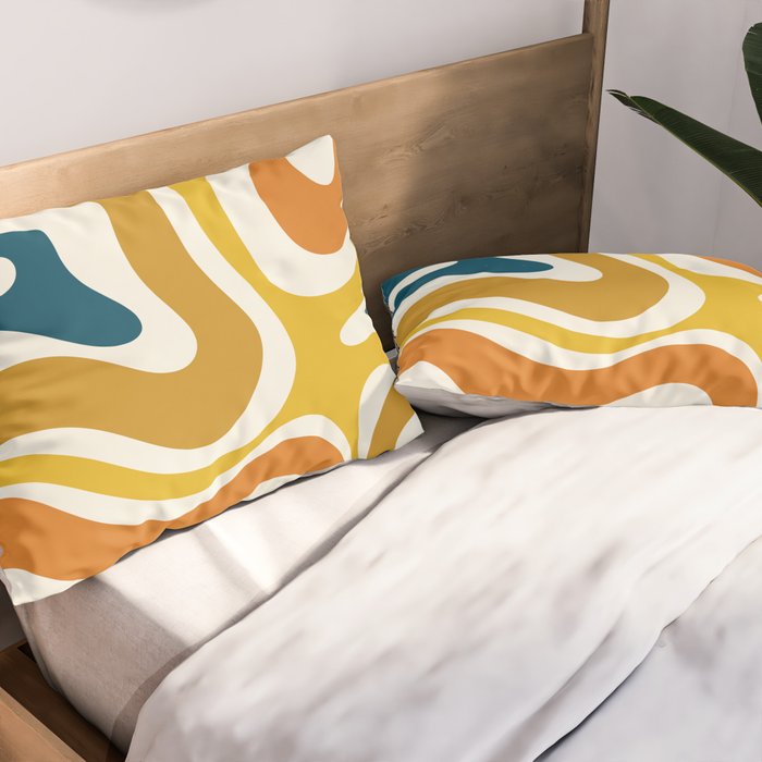 Modern Retro Liquid Swirl Abstract Pattern Orange Mustard Blue Pillow Sham Gallery Image 2