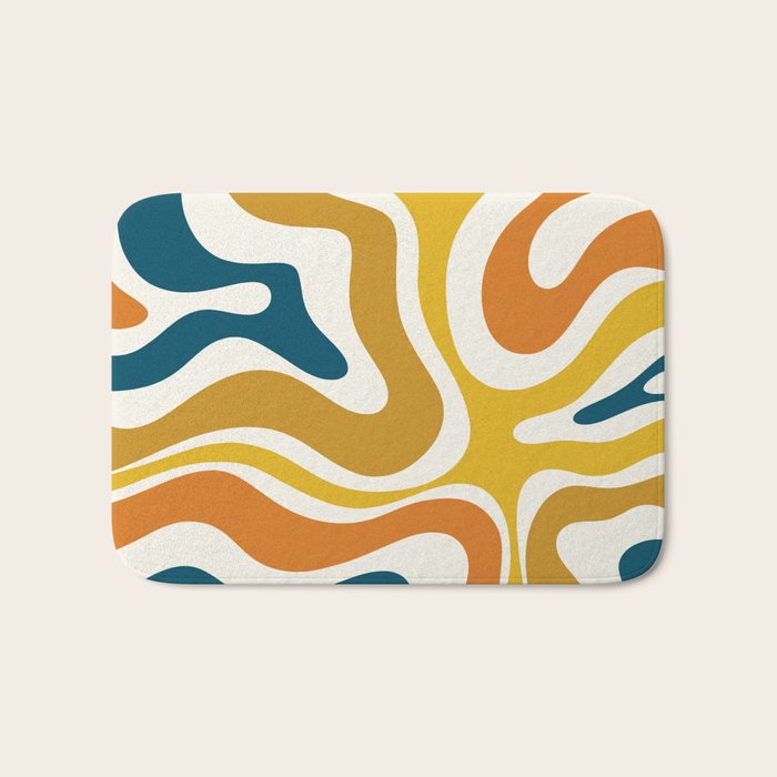 Modern Retro Liquid Swirl Abstract Pattern Orange Mustard Blue Bath Mat Gallery Image 1