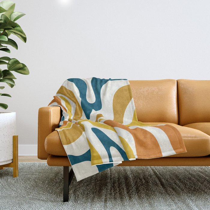 Modern Retro Liquid Swirl Abstract Pattern Orange Mustard Blue Throw Blanket Gallery Image 1