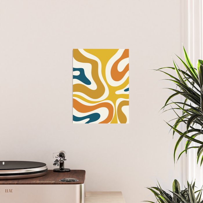 Modern Retro Liquid Swirl Abstract Pattern Orange Mustard Blue Poster Gallery Image 2