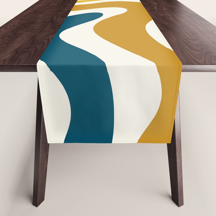 Modern Retro Liquid Swirl Abstract Pattern Orange Mustard Blue Table Runner Gallery Image 1